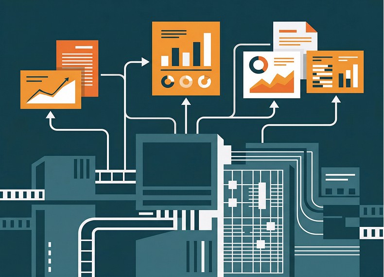 Illustration of data charts and documents flowing into a computer system