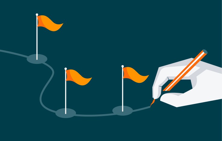 Illustration of a hand drawing a winding route past three orange flags