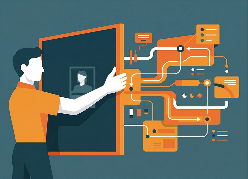 Illustration of a person pushing a panel wired to workflow cards