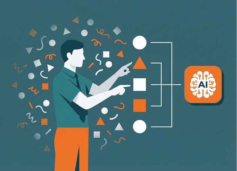 Illustration of a presenter pointing at an AI diagram surrounded by shapes