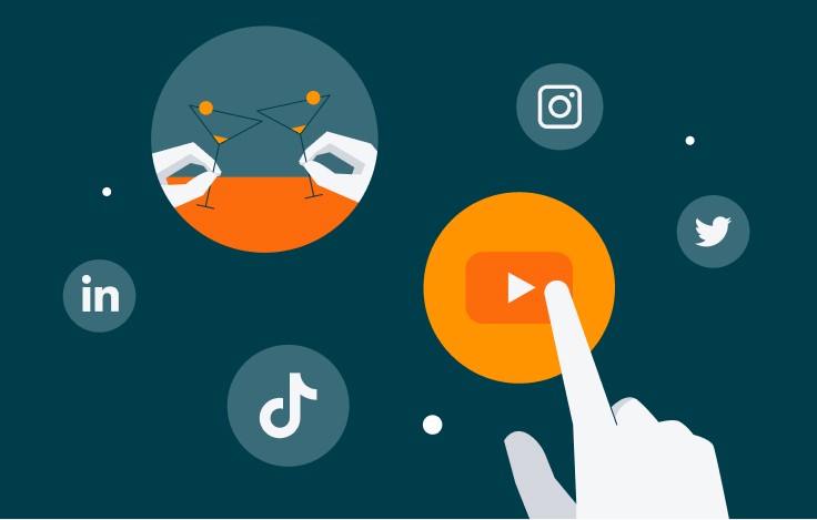 Illustration of a hand tapping a play button among social media icons