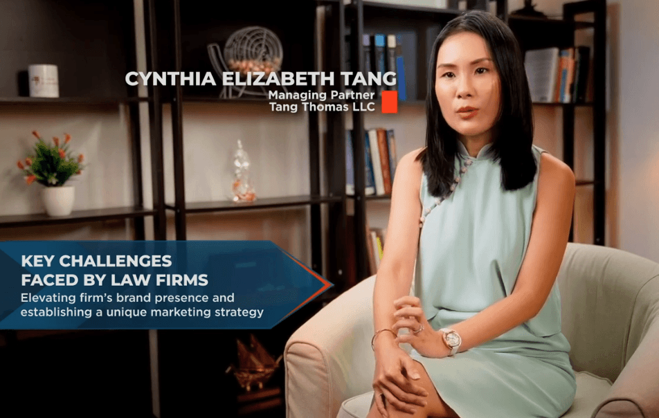 Customer testimonial video frame: Cynthia Elizabeth Tang, Managing Partner, Tang Thomas LLC, on law firm challenges