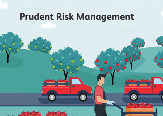 Animated explainer video frame titled Prudent Risk Management, with an orchard and a red truck