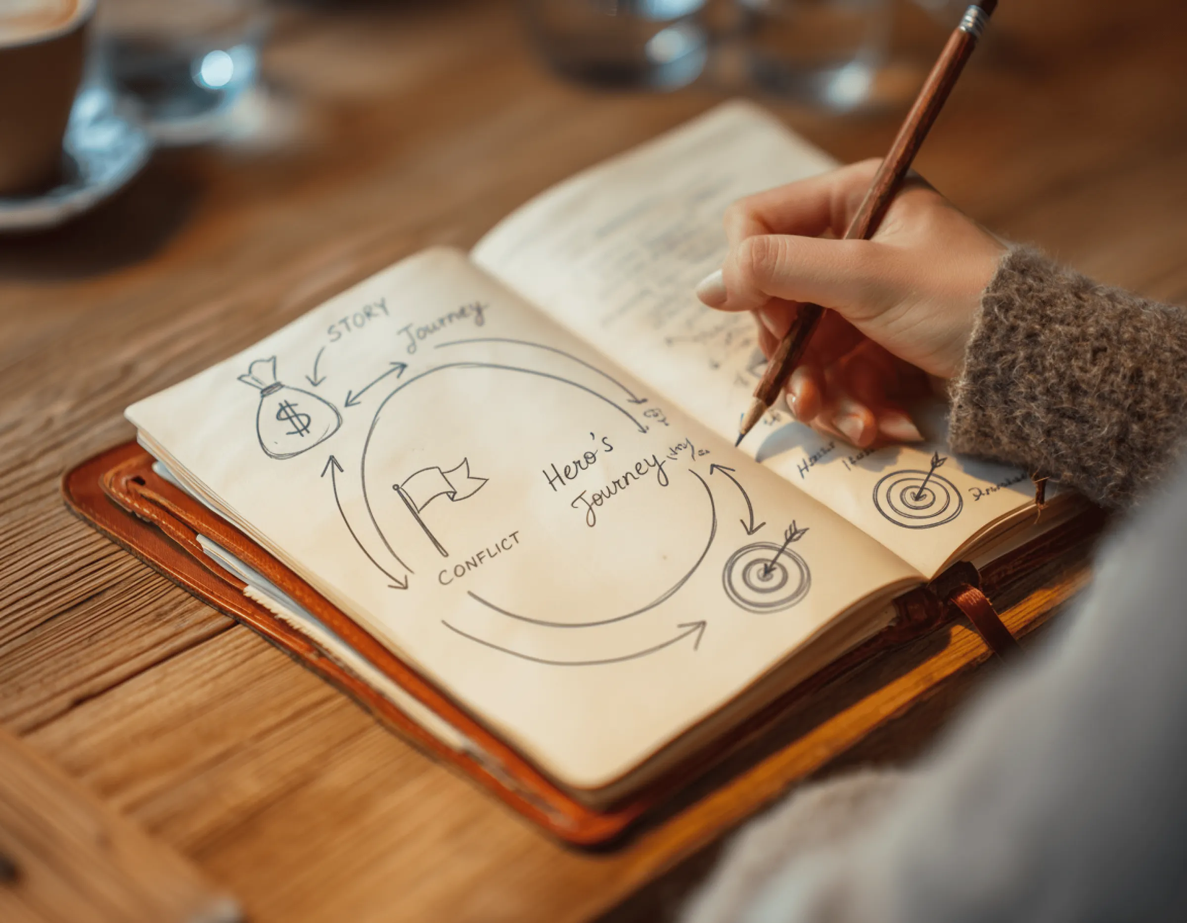 Hand sketching a customer story journey in a notebook