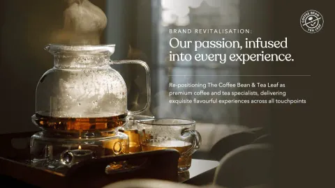 Sample slide on brand revitalisation for a coffee and tea brand, with a glass teapot