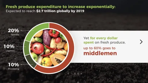 Sample slide on fresh produce spending, with a donut chart of farmers, logistics and processing shares
