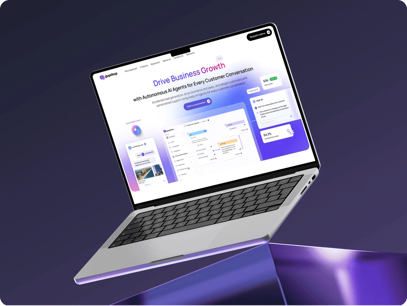 Laptop showing the Gupshup website headline Drive Business Growth