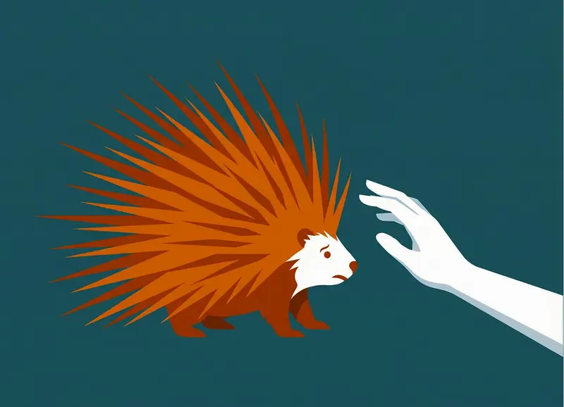 Illustration of a hand reaching toward a spiky porcupine