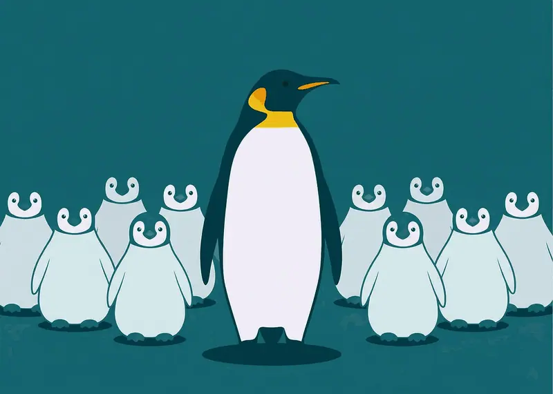 Illustration of one penguin standing apart in a group of identical penguins