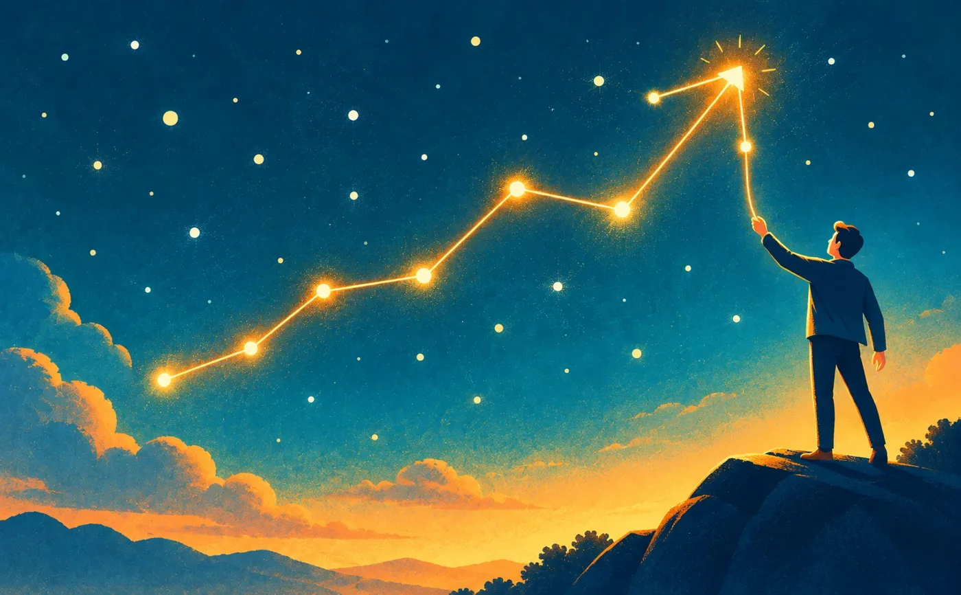 Illustration of a person on a hilltop at dusk joining stars with a glowing line that rises into an arrow, a metaphor for connecting facts into a story