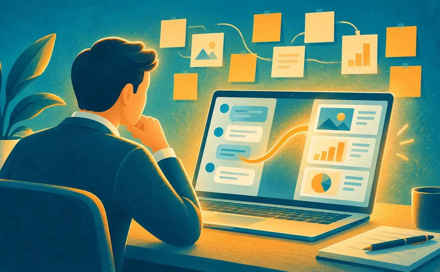 Illustration of a professional at a laptop turning a chat conversation into a storyline of slides, with sticky notes on the wall