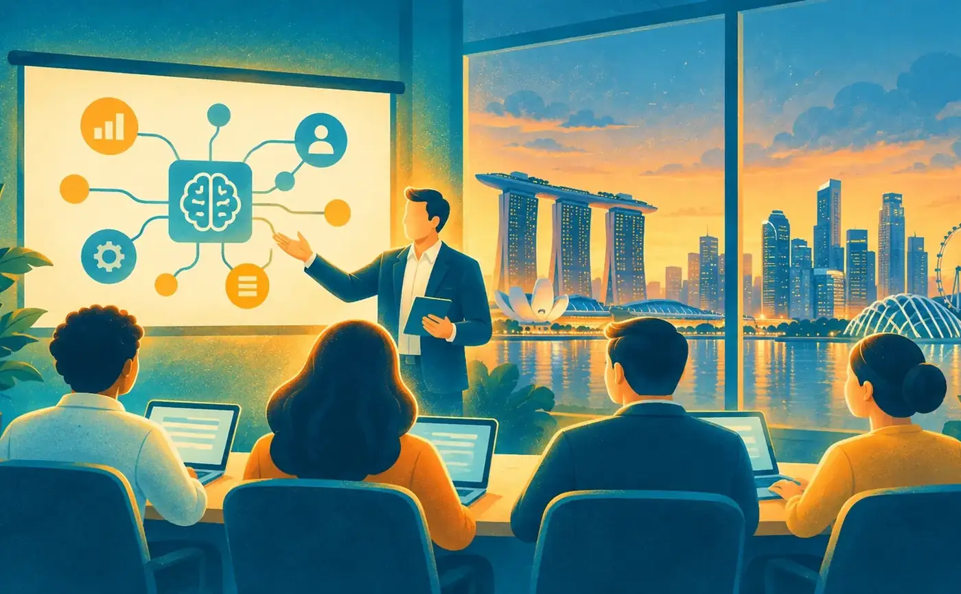 Illustration of a generative AI training class in a Singapore office overlooking Marina Bay at dusk