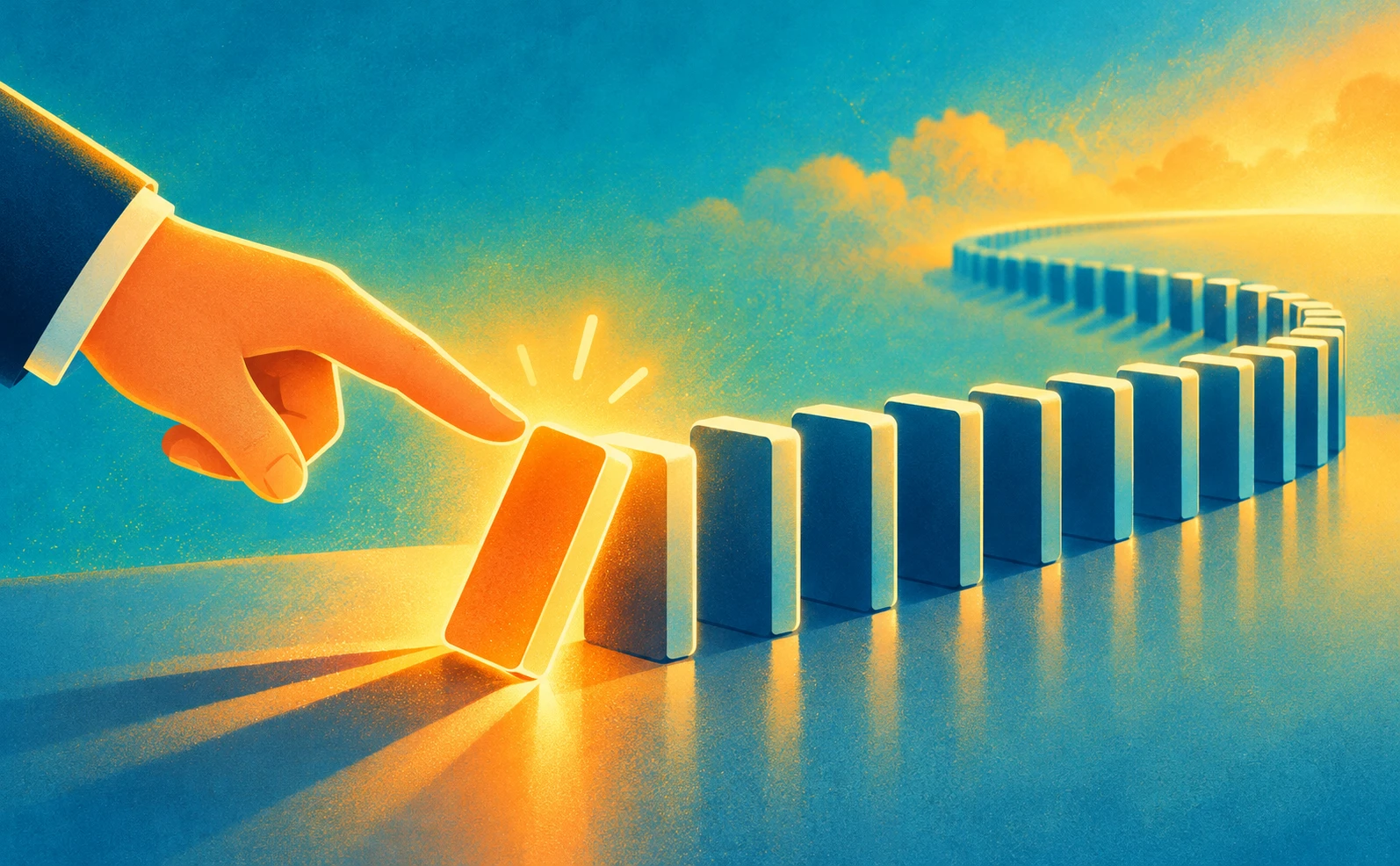 Illustration of a hand tipping the first domino in a long curving line of dominoes