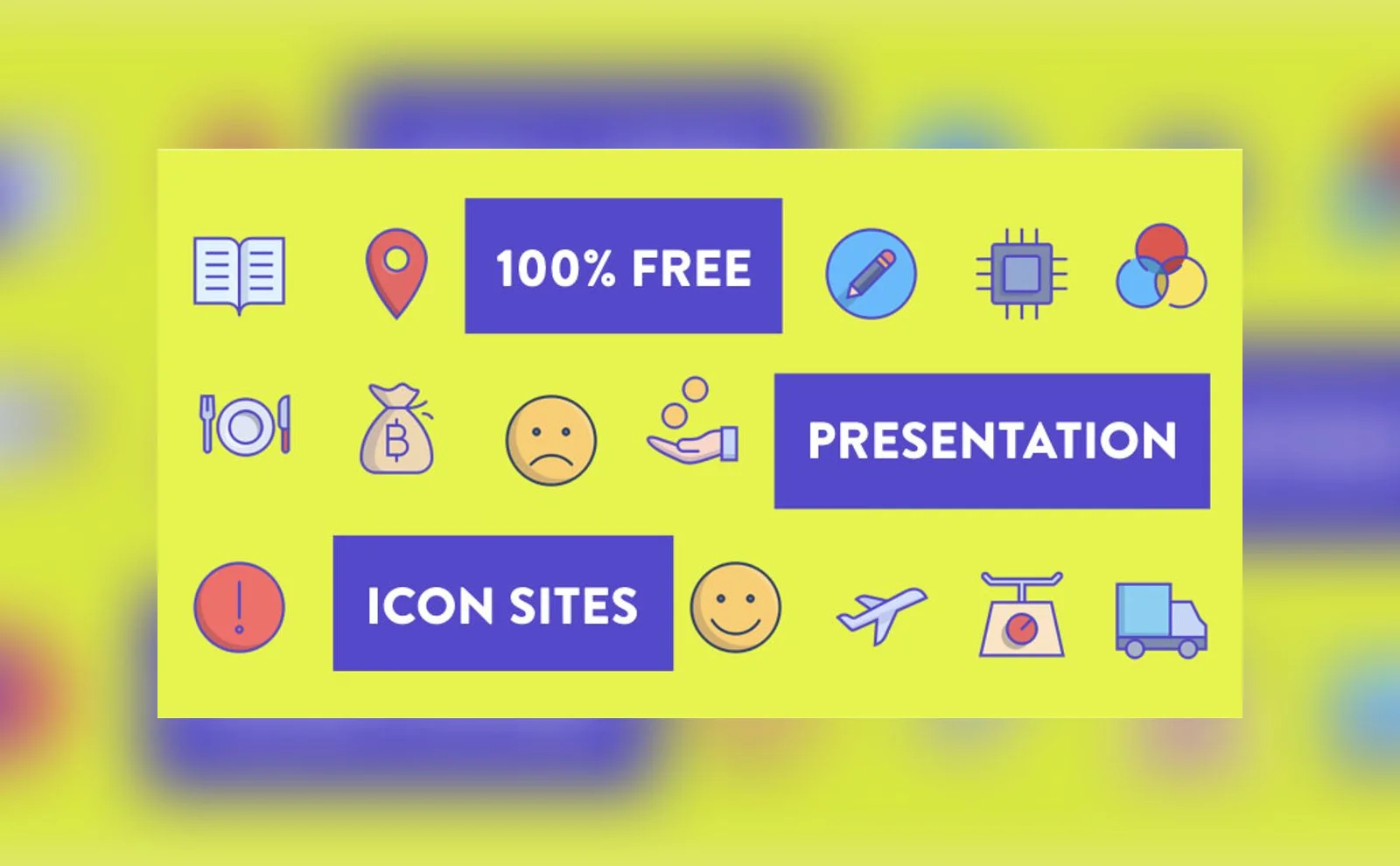 Free presentation icon sites, with sample icons on a yellow background