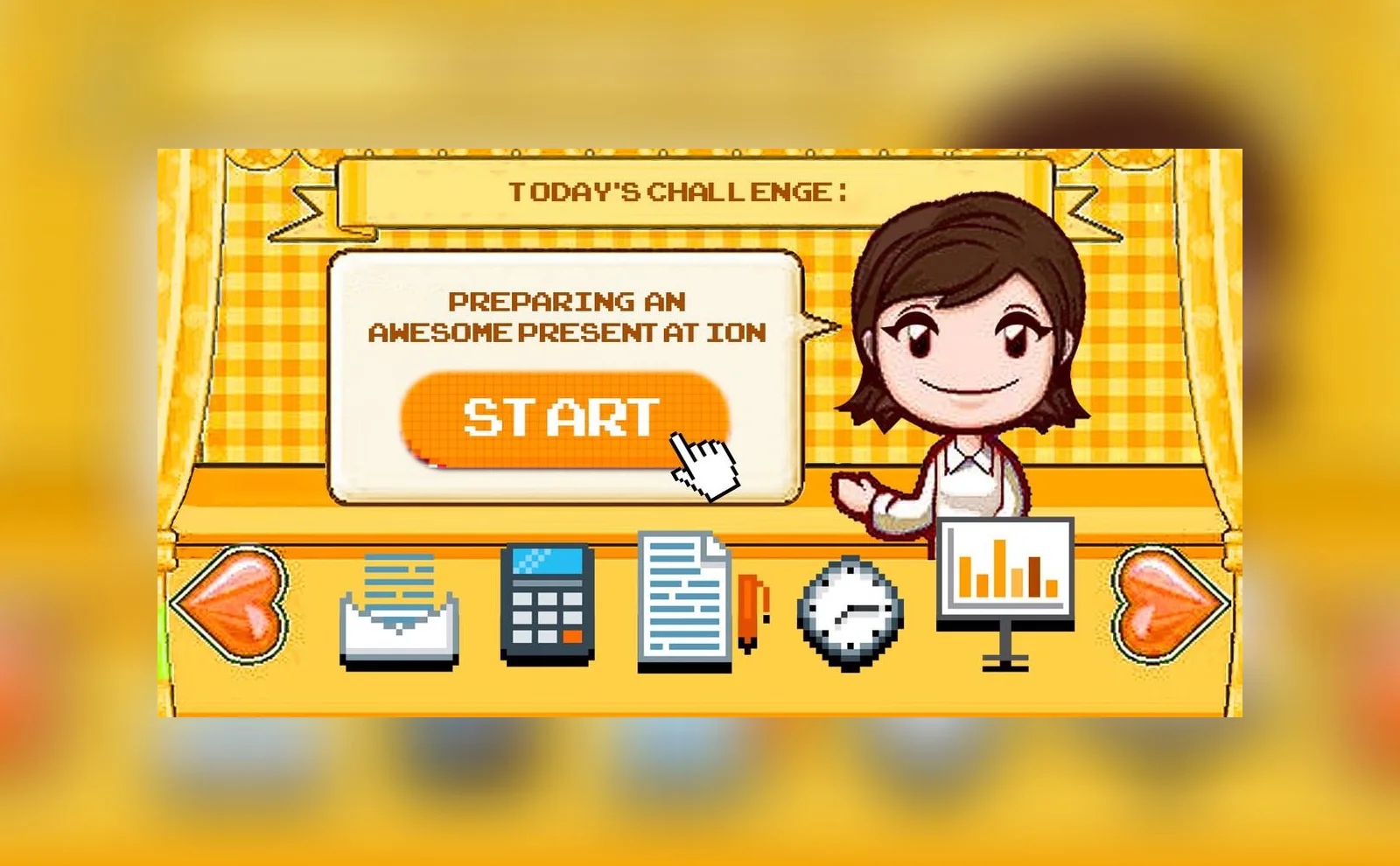 Pixel-art game screen reading Today’s challenge: preparing an awesome presentation