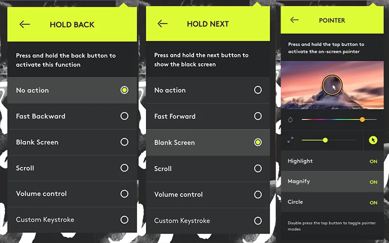 Button and pointer settings in the Logitech Spotlight app