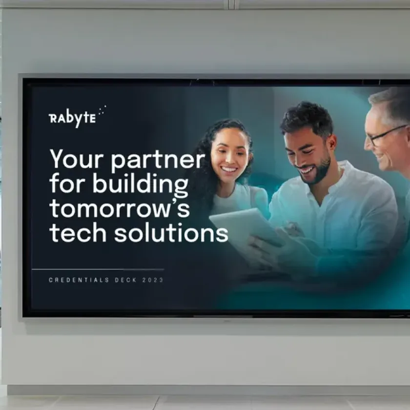 Rabyte credentials deck on a wall screen: Your partner for building tomorrow's tech solutions