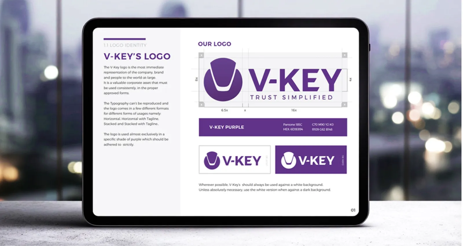 V-Key brand guidelines page showing the logo lock-up, clear-space rules and V-Key purple