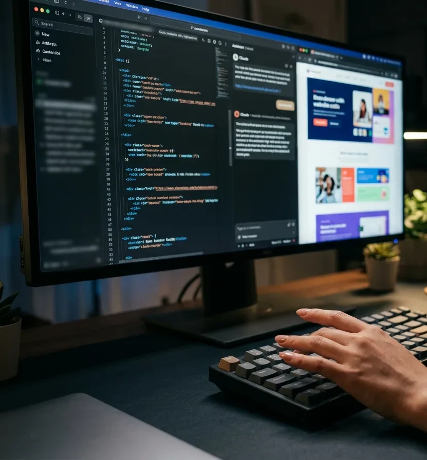 Monitor showing Claude beside a code editor and a web page, with hands on a keyboard