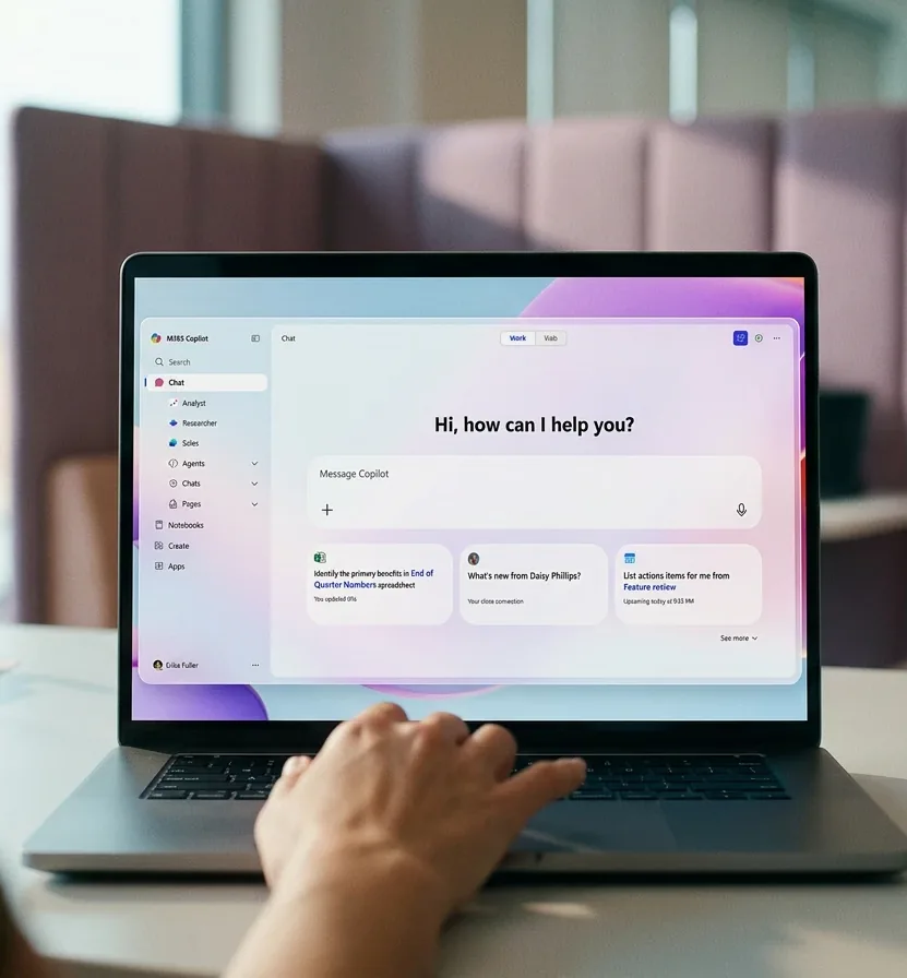 Laptop showing Microsoft 365 Copilot chat ready for a prompt