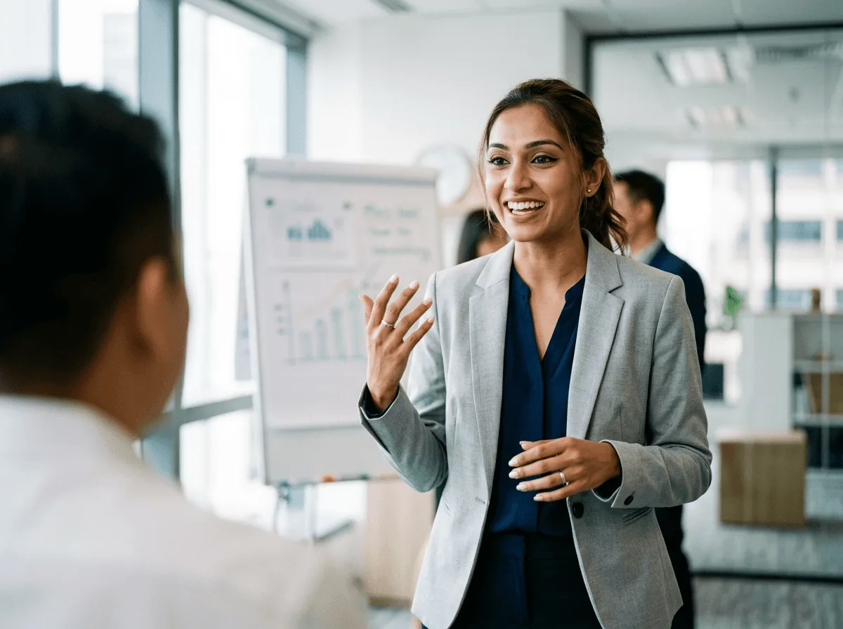 Woman smiling and gesturing in front of a flipchart in a meeting room