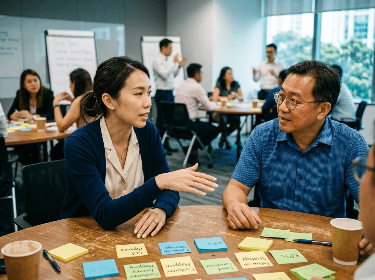 Two participants talking at a workshop table covered in sticky notes