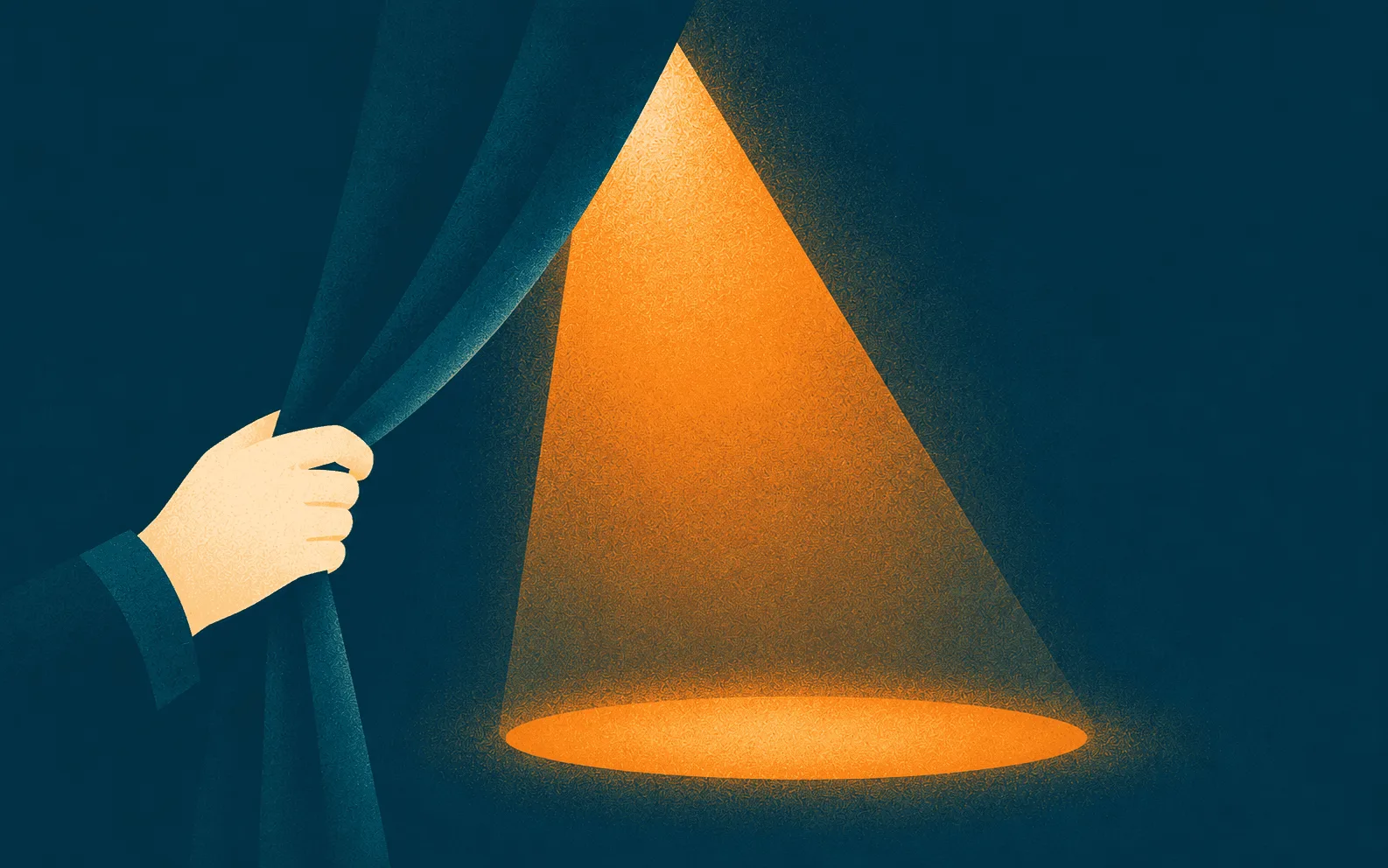 Illustration of a hand pulling back a curtain to reveal a spotlight