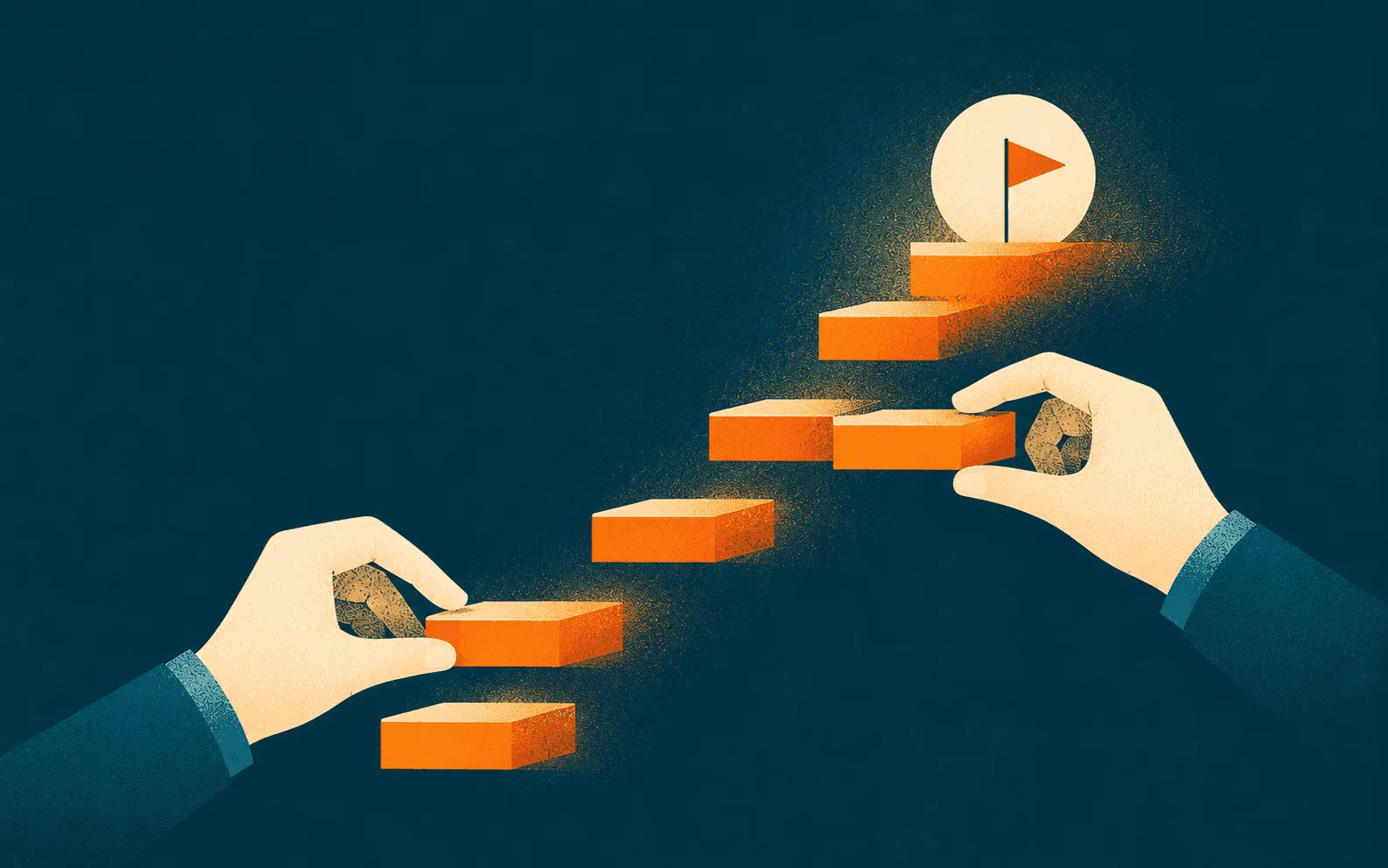 Illustration of hands placing orange blocks as steps toward a flag