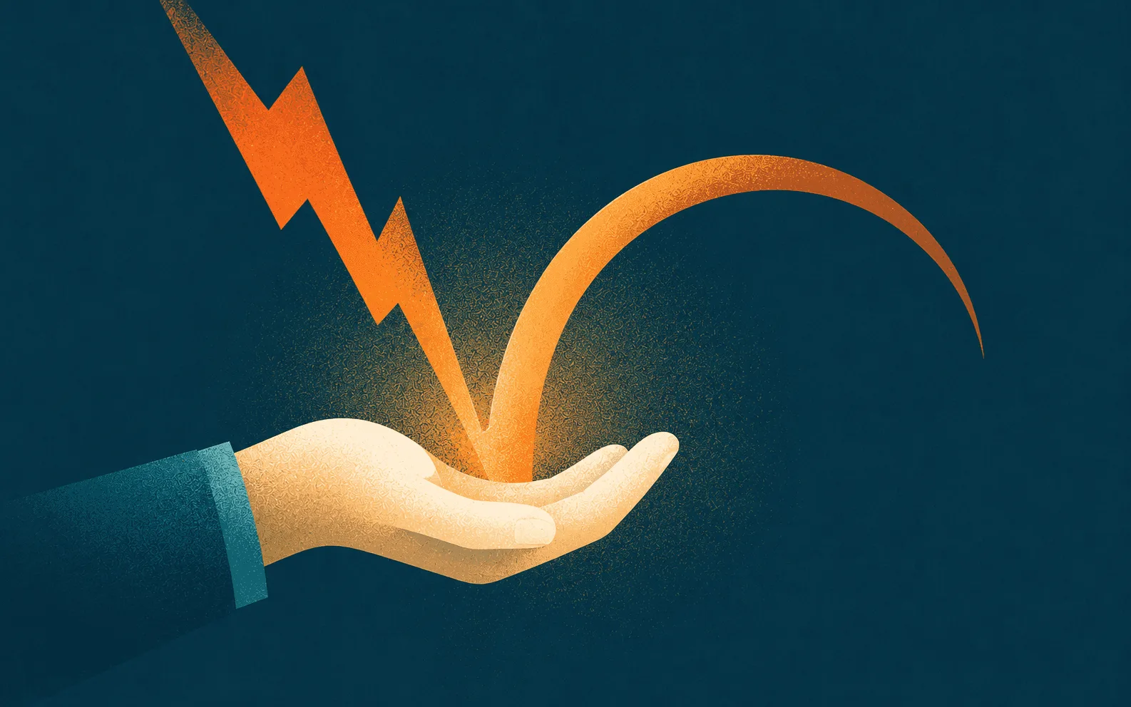 Illustration of a hand catching a bouncing orange arc under a lightning bolt
