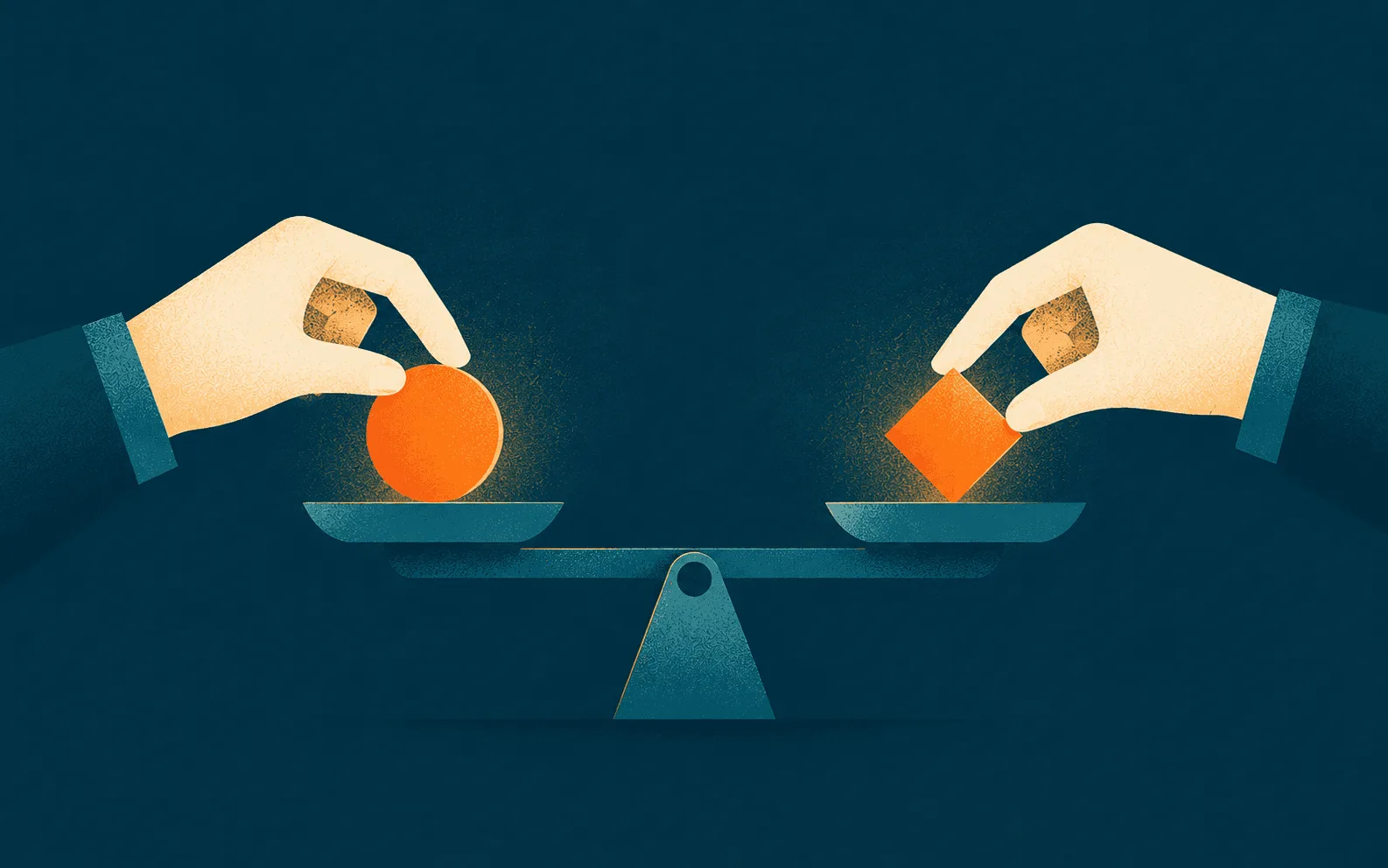 Illustration of two hands placing an orange ball and cube on a balance scale