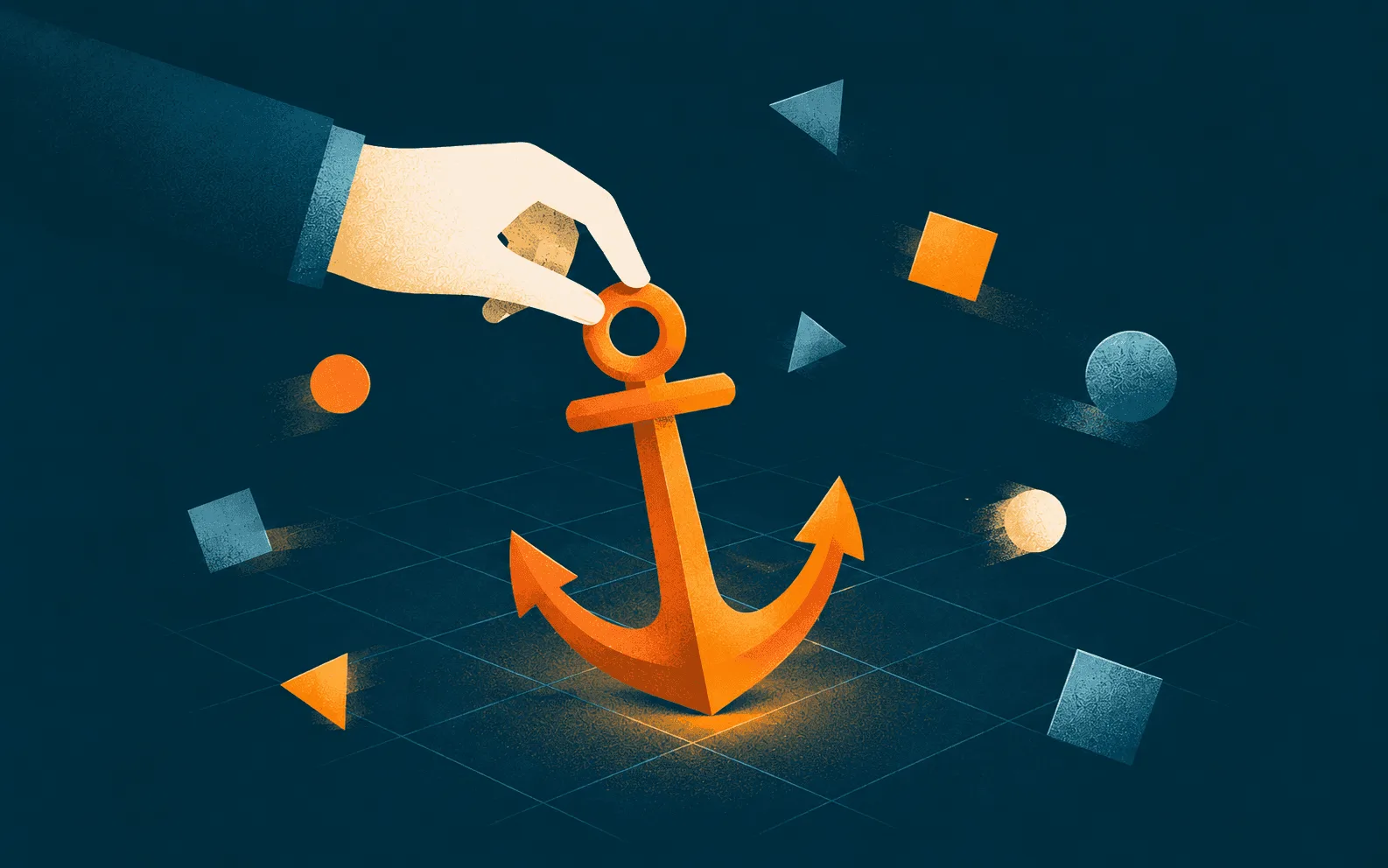 Illustration of a hand lowering an anchor among floating shapes