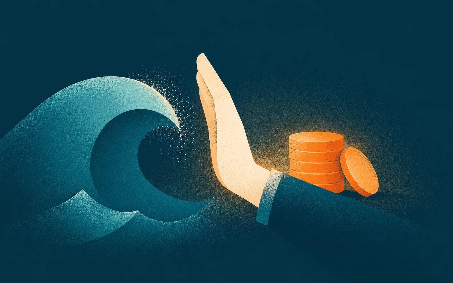 Illustration of a hand holding back a wave over a stack of coins
