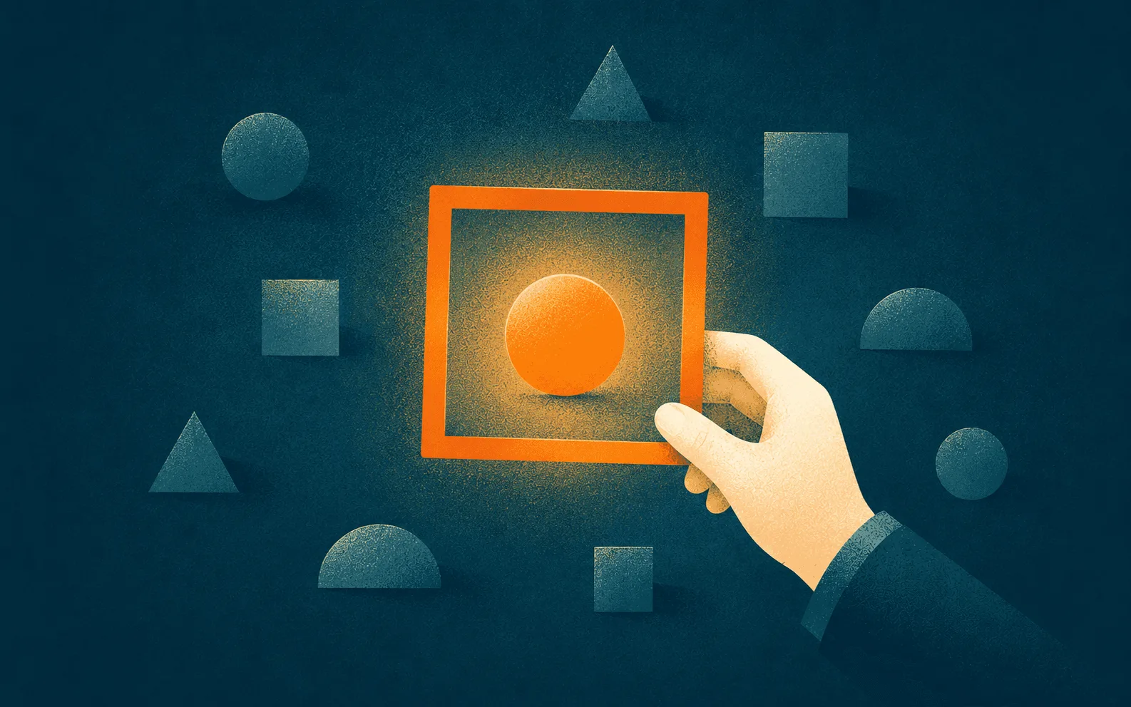 Illustration of a hand holding an orange square among floating shapes