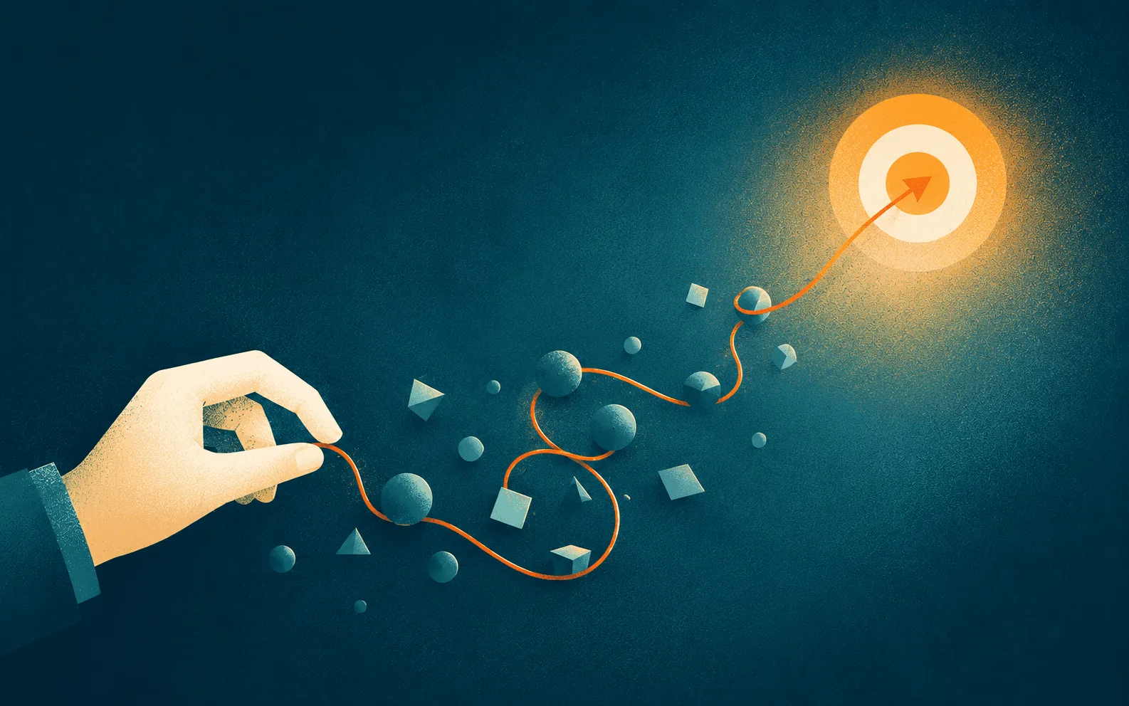 Illustration of a hand pulling a thread through scattered shapes toward a target