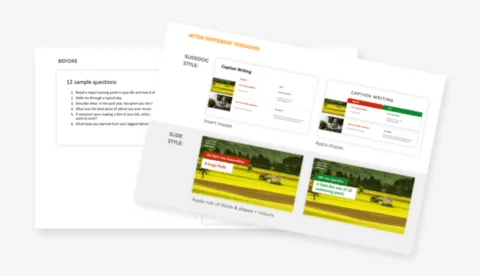 Before and after slide examples laid out as printed sheets