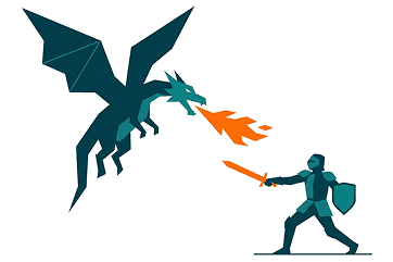 Illustration of a dragon breathing fire at a knight with a sword and shield