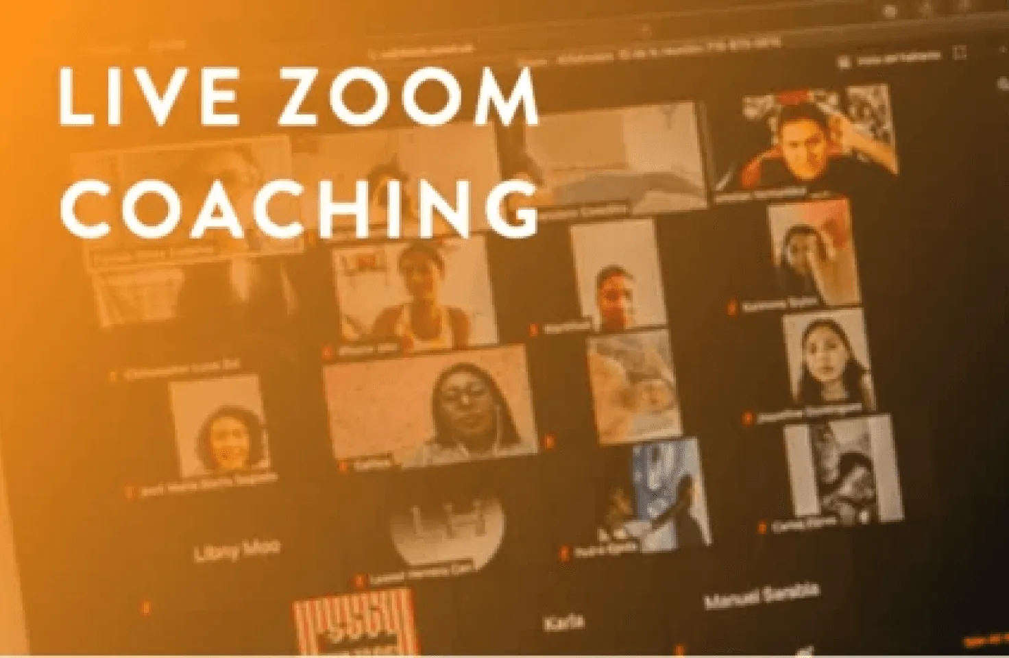Live Zoom coaching session shown as a grid of participant video tiles