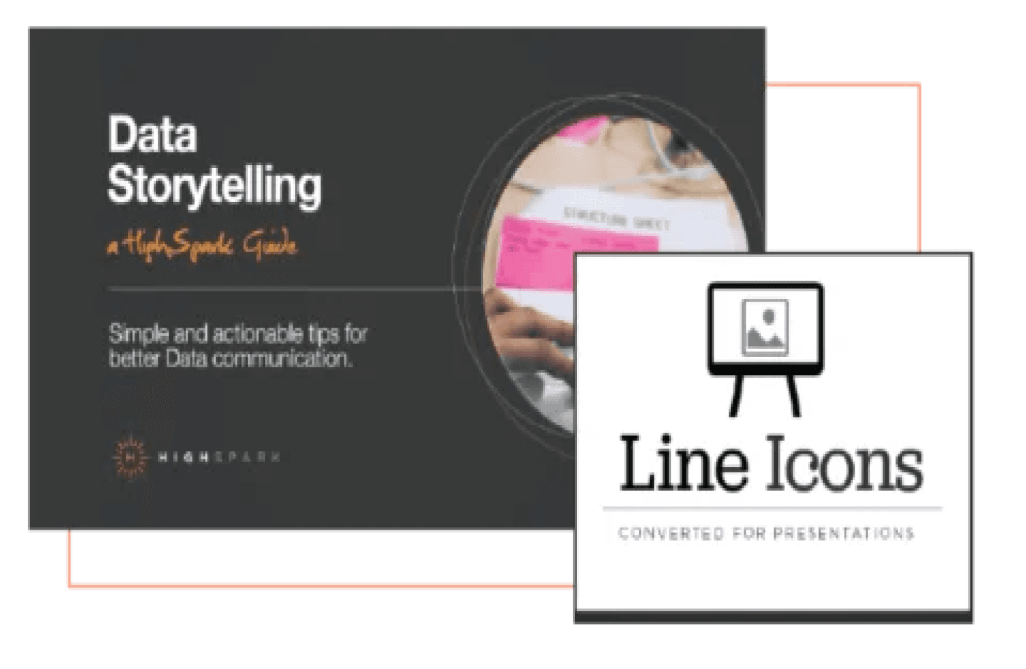 Cover of the HighSpark Data Storytelling guide beside a Line Icons template page