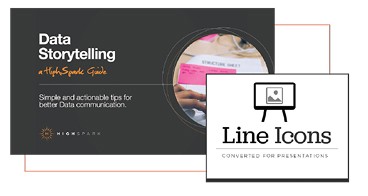 Cover of the HighSpark Data Storytelling guide beside a Line Icons template page