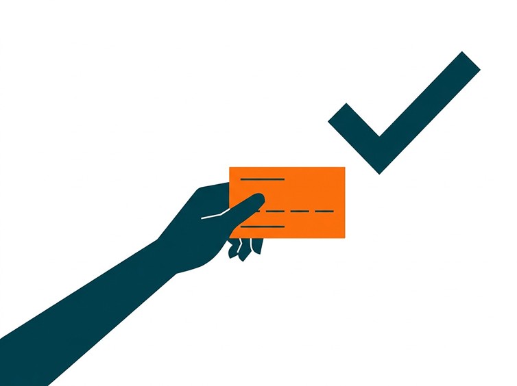 Illustration of a hand holding an orange payment card beside a check mark