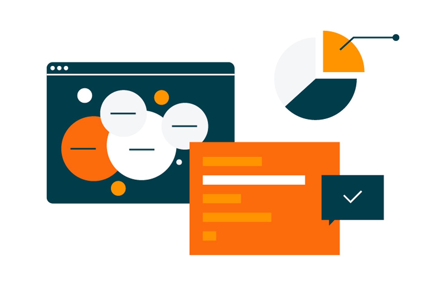 Illustration of a browser window with circles, a pie chart and a tick