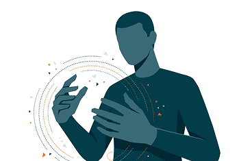 Illustration of a figure with hands raised, surrounded by orbit lines and dots