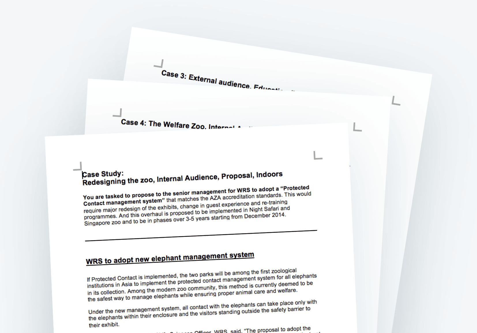 Printed case study handout on redesigning a zoo's elephant management system