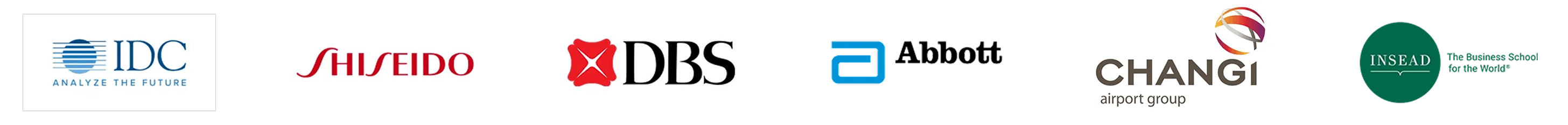 Client logos: IDC, Shiseido, DBS, Abbott, Changi Airport Group and INSEAD
