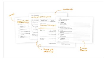 Spread of HighSpark storytelling templates and guides with handwritten notes