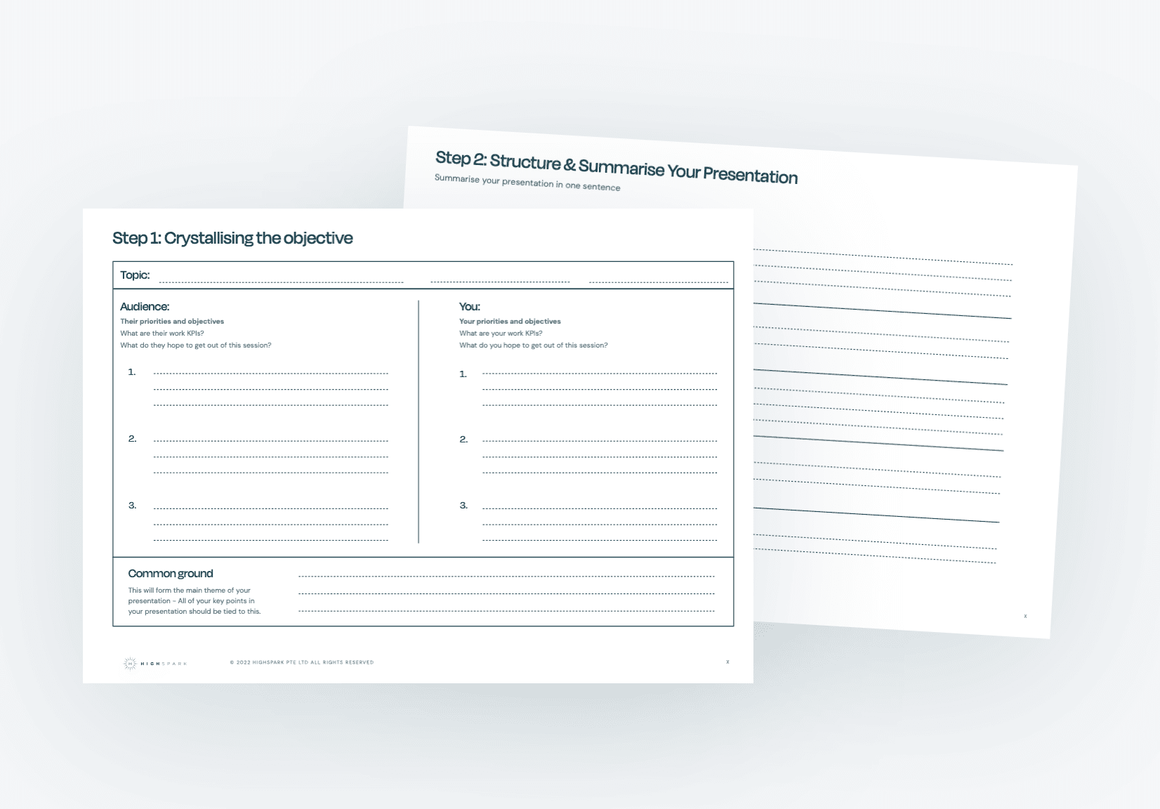 Messaging framework worksheet with a Step 1 section on crystallising the objective