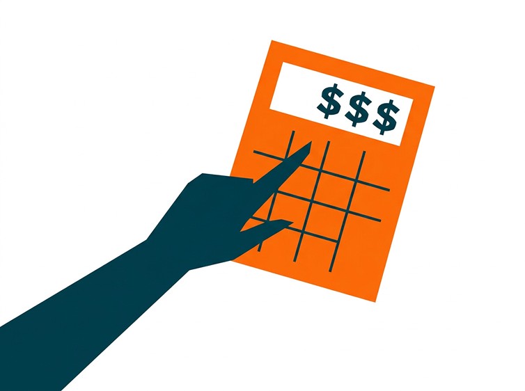 Illustration of a hand using a calculator with dollar signs