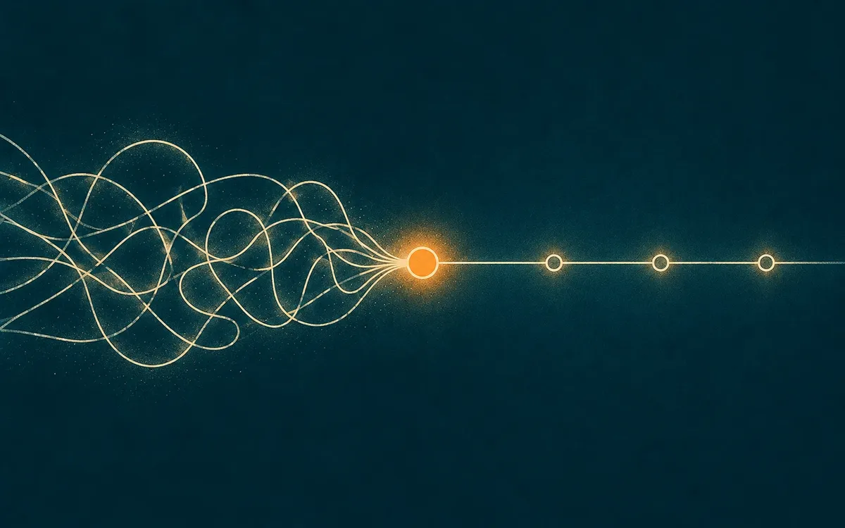 Illustration: tangled workflow becoming a straight line through a single node