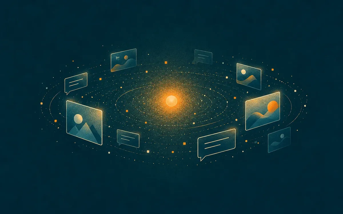 Illustration: chat bubbles and image frames orbiting a glowing centre