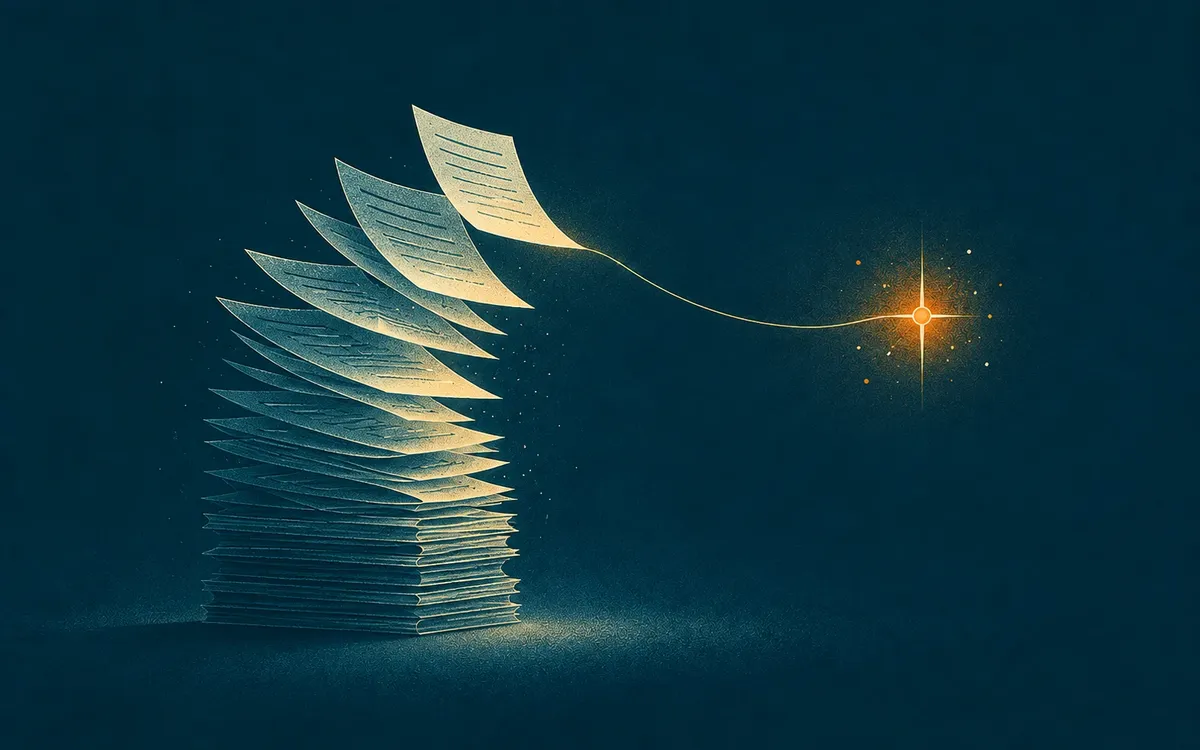 Illustration: a stack of documents with the top page lifting toward a spark of light